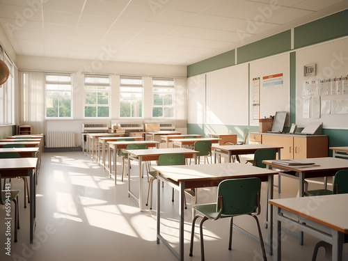 Clean, white classroom space featuring elegant furniture. AI Generation.