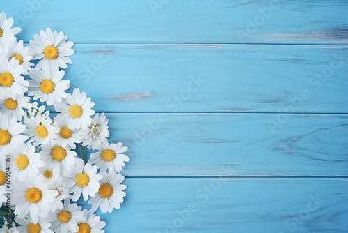 A bouquet of a beautiful white daisy arranged on the left side, right side of the blue wooden panel wall, the blue background, Generative AI. © Surachetsh