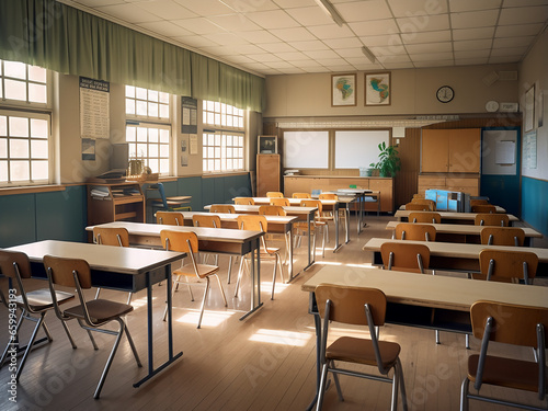 A wooden classroom featuring elegant interior design. AI Generation.