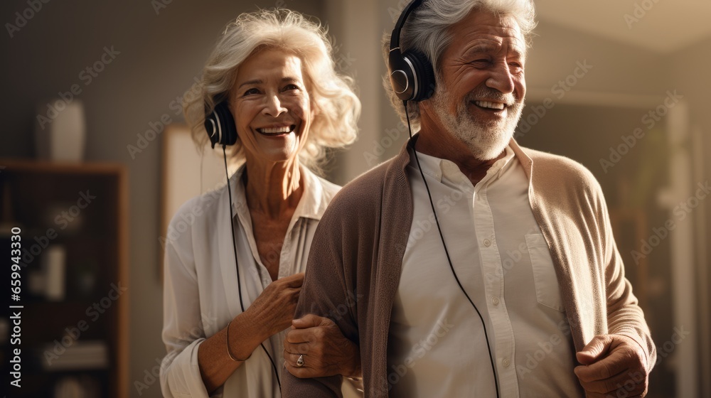 Senior mature couple wearing headphones listens to the music together. Happy smiling retired people enjoy modern ways of spending their leisure time. New trends and technology for all ages.