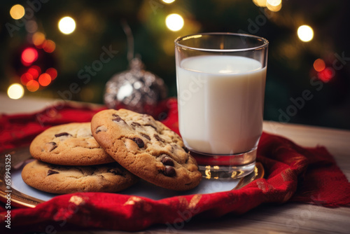 Santa's Cookies and Milk: A close-up shot of cookies and milk left out for Santa on Christmas Eve. Generated AI.