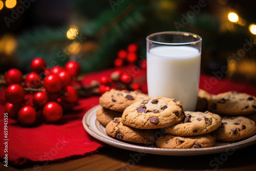 Santa's Cookies and Milk: A close-up shot of cookies and milk left out for Santa on Christmas Eve. Generated AI.