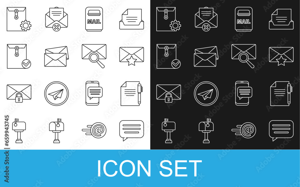 Set line Speech bubble chat, Document and pen, Envelope with star, Mail box, check mark, setting and magnifying glass icon. Vector