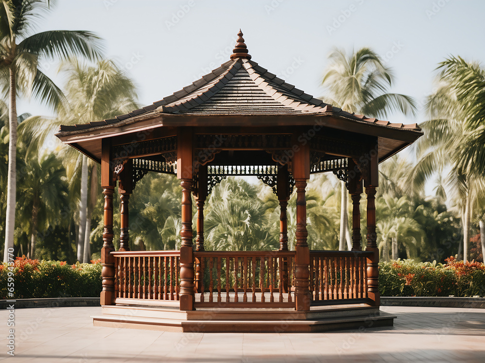 A traditional classic gazebo completes the home. AI Generation.