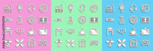 Set line Fuel tanker truck, Suitcase, Airport board, Headphones with microphone, Pilot, Safety belt, conveyor suitcase and Compass icon. Vector