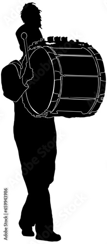 Marching Band drummer in black silhouette with detail, isolated 