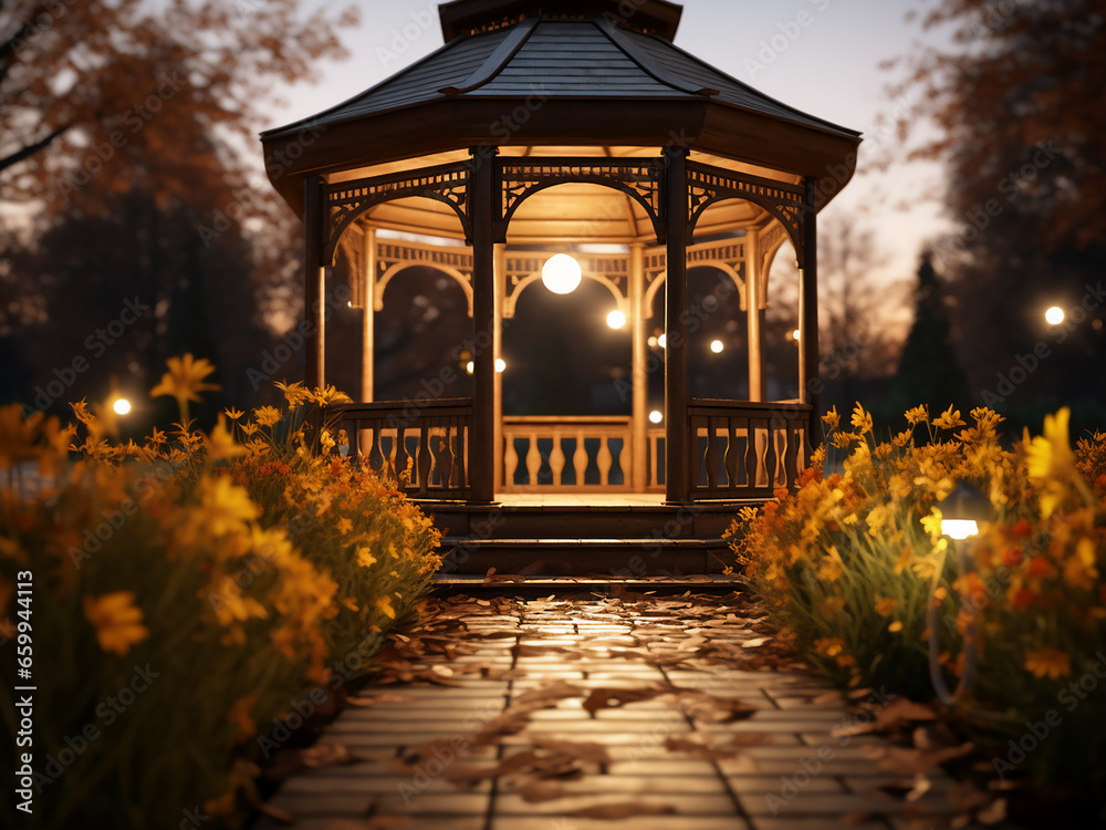 Gazebo as a focal point in a house's exterior. AI Generation.