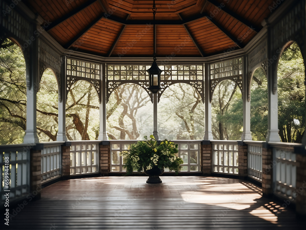 Experience the allure of a classic gazebo's interior. AI Generation. Experience the allure of a classic gazebo's interior. AI Generation.