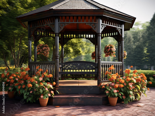 An inviting gazebo, a perfect place to relax. AI Generation.