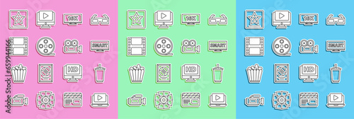 Set line Online play video, Paper glass with water, Screen tv Smart, 16k, Film reel, Play Video, Hollywood walk of fame star and Cinema camera icon. Vector