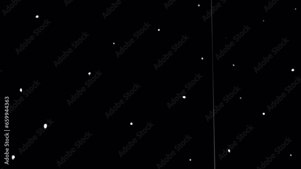 Small white spots of damage to old film on a black screen. Retro clip art stock effect with pulsating doodle Circles. Scratches and abrasions for overlaying in stories and nostalgia blogs.