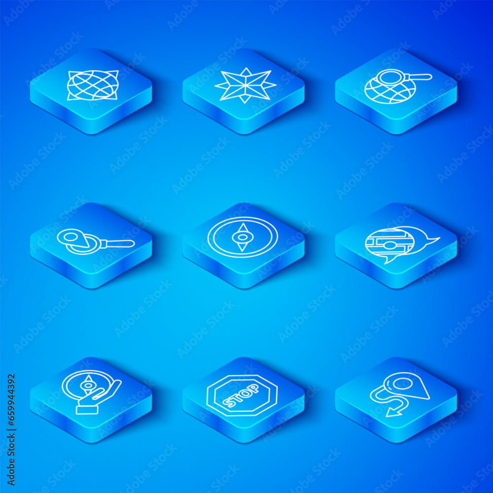 Set line Compass, Stop sign, Infographic of city map navigation, Magnifying glass with globe, Search location, World compass and Route icon. Vector Set line Compass, Stop sign, Infographic of city map navigation, Magnifying glass with globe, Search location, World compass and Route icon. Vector