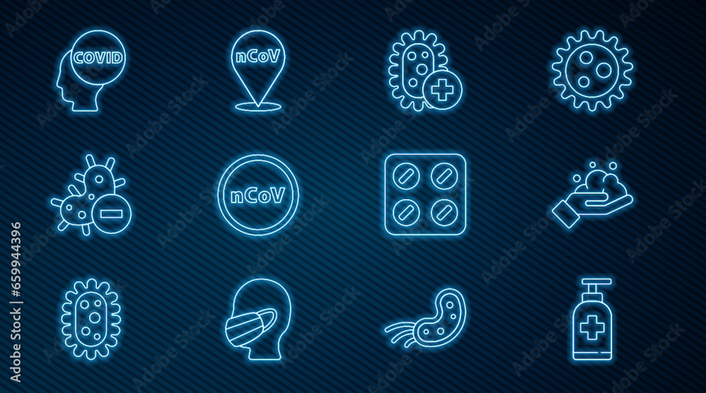 Set line Bottle of liquid antibacterial soap, Washing hands with, Positive virus, Corona 2019-nCoV, Negative, covid-19, Pills blister pack and location icon. Vector Set line Bottle of liquid antibacterial soap, Washing hands with, Positive virus, Corona 2019-nCoV, Negative, covid-19, Pills blister pack and location icon. Vector