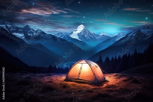 Person camping in a tent under a starry night with snow mountains