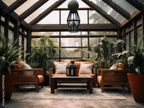 Enjoy the serenity of a modern gazebo interior with a captivating room. AI Generation. photo