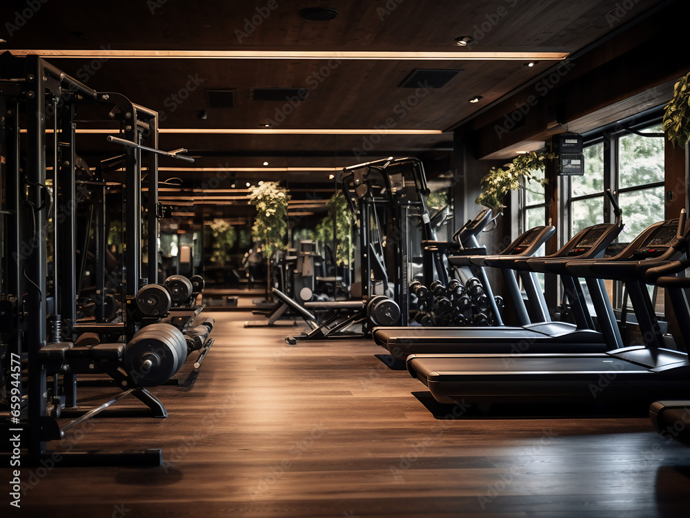 Fototapeta premium Modern interior showcases a dark wood gym. AI Generation.