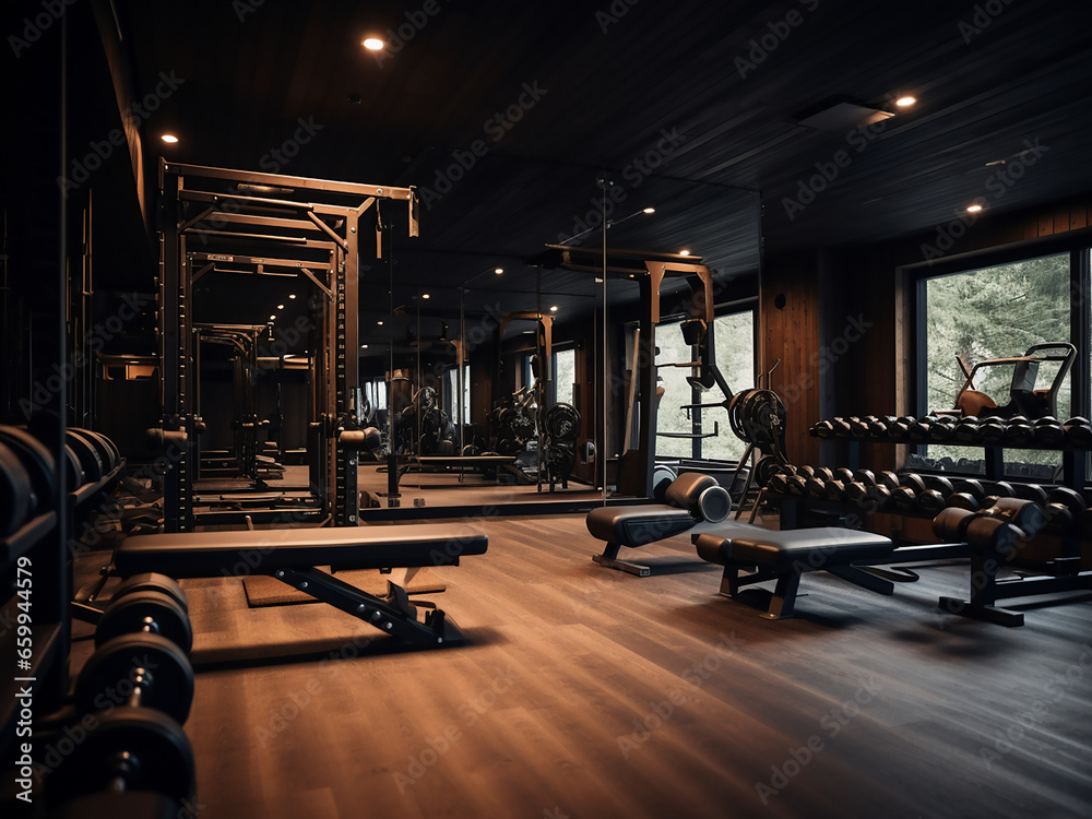 Fototapeta premium Furniture complements the dark wood gym vibe. AI Generation.