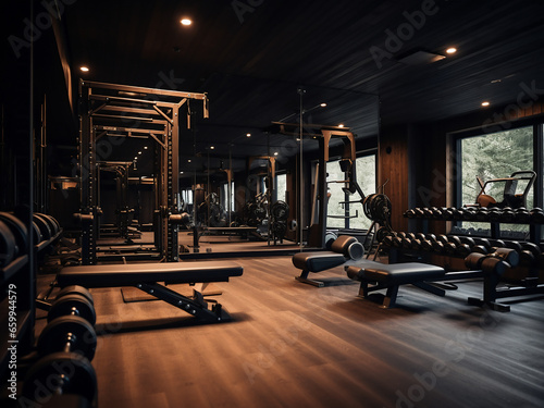 Furniture complements the dark wood gym vibe. AI Generation. © Llama-World-studio