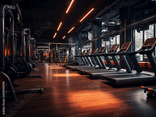 Get fit in a state-of-the-art, high-tech gym room. AI Generation.