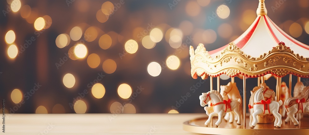 Christmas lights with a toy carousel for children as the backdrop - obrazy, fototapety, plakaty 