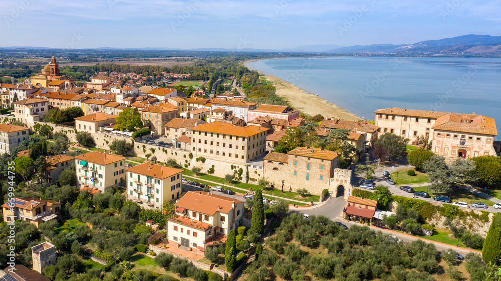 Aerial view on historical center of Castiglione del Lago, in Umbria, Italy. The town is located on Lake Trasimeno in the province of Perugia.