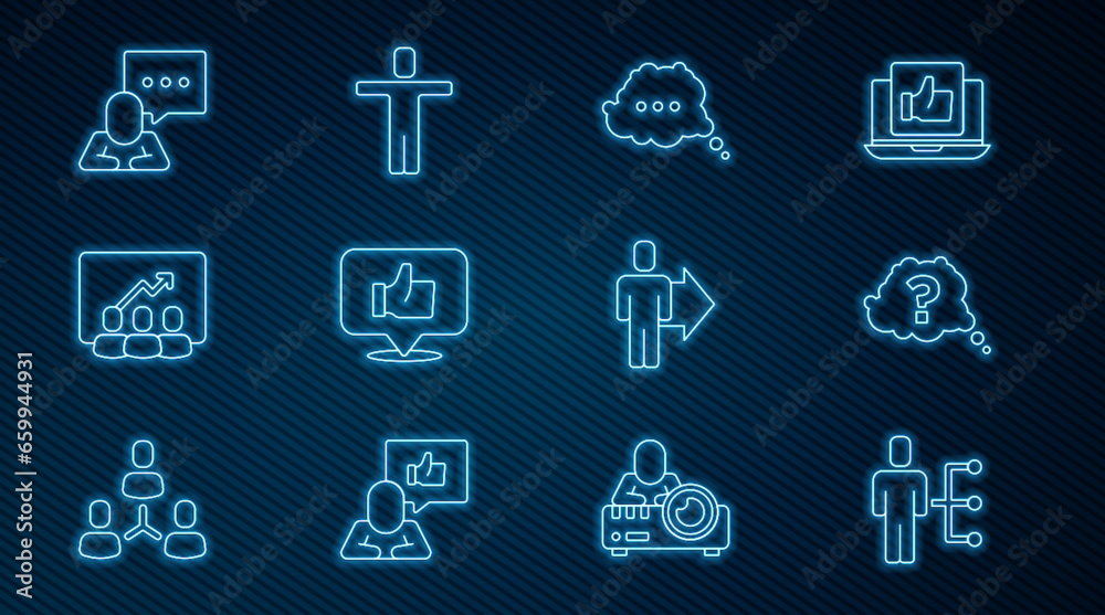 Set line User of man in business suit, Question mark, Speech bubble chat, Hand like, Project team base, Team leader and Head hunting icon. Vector