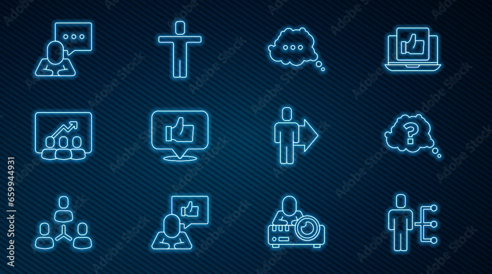 Set line User of man in business suit, Question mark, Speech bubble chat, Hand like, Project team base, Team leader and Head hunting icon. Vector Set line User of man in business suit, Question mark, Speech bubble chat, Hand like, Project team base, Team leader and Head hunting icon. Vector
