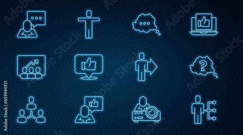 Set line User of man in business suit, Question mark, Speech bubble chat, Hand like, Project team base, Team leader and Head hunting icon. Vector