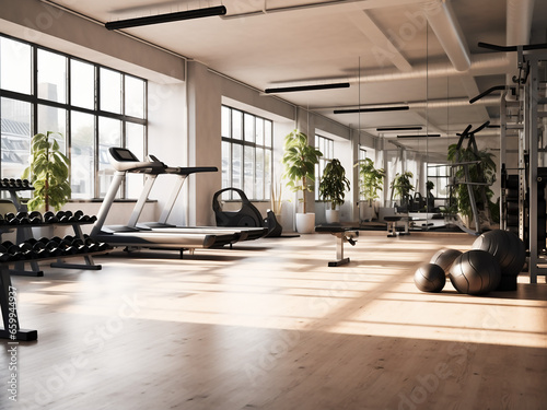 Sleek white gym, modern furniture, carefully curated interior/design. AI Generation.
