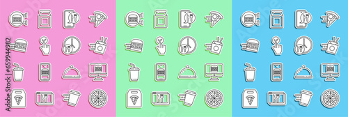 Set line Pizza, Online ordering and delivery, noodles, burger, and Round the clock icon. Vector