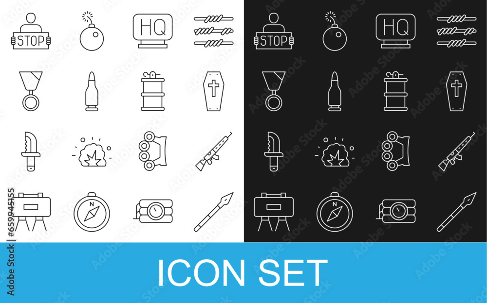 Set line Medieval spear, Sniper rifle with scope, Coffin cross, Military headquarters, Bullet, reward medal, Stop and Hand smoke grenade icon. Vector