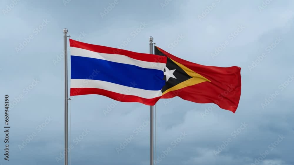 East Timor and Thailand flag waving together on cloudy sky, endless seamless loop, two country cooperation concept East Timor and Thailand flag waving together on cloudy sky, endless seamless loop, two country cooperation concept