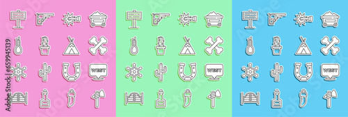 Set line Tomahawk axe, Pointer to wild west, Crossed human bones, Spur, Cactus peyote pot, Gallows rope loop hanging, Road traffic signpost and Indian teepee or wigwam icon. Vector