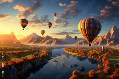 Hot air balloons flying over an amazing landscape at sunset
