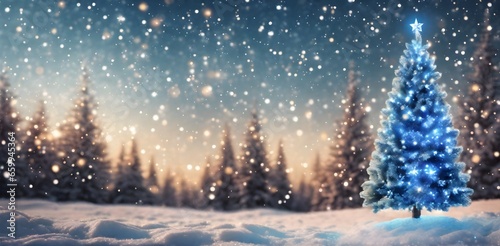 Christmas tree against a sparkly luminous background. Christmas tree with snow at night and copy space  holiday and celebration