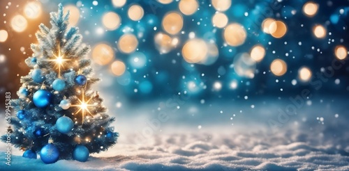 Christmas tree against a sparkly luminous background. Christmas tree with snow at night and copy space, holiday and celebration