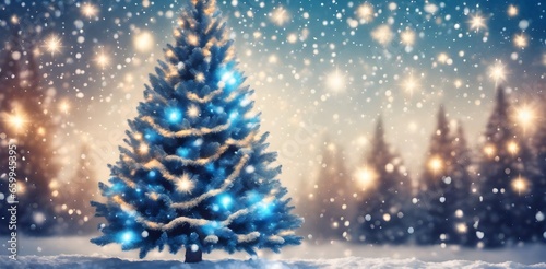 Christmas tree against a sparkly luminous background. Christmas tree with snow at night and copy space, holiday and celebration © 360VP