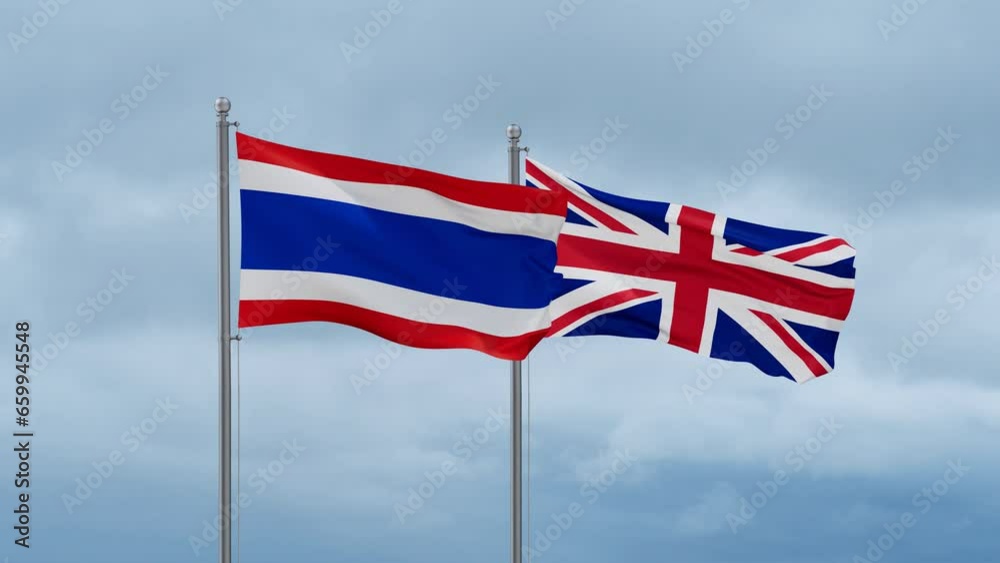 United Kingdom and Thailand flag waving together on cloudy sky, endless seamless loop, two country cooperation concept United Kingdom and Thailand flag waving together on cloudy sky, endless seamless loop, two country cooperation concept
