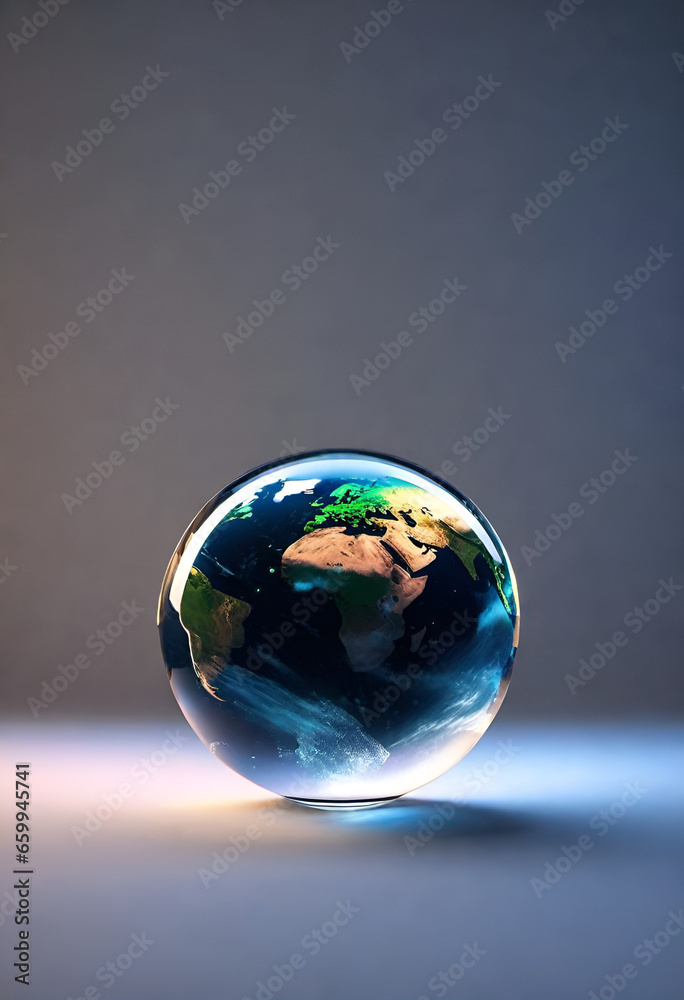 Globular clear sphere on grey background containing a map of the planet Earth Globular clear sphere on grey background containing a map of the planet Earth