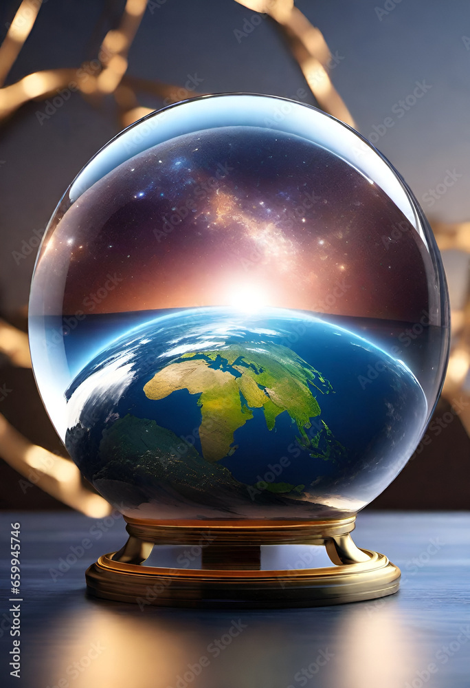 Clear crystal globe displaying Earth and a space nebula 