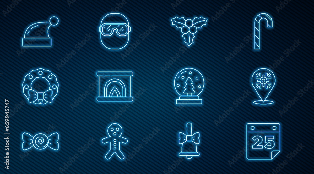Set line Calendar, Snowflake, Branch viburnum, Interior fireplace, Christmas wreath, Santa Claus hat, snow globe and Ski goggles icon. Vector Set line Calendar, Snowflake, Branch viburnum, Interior fireplace, Christmas wreath, Santa Claus hat, snow globe and Ski goggles icon. Vector