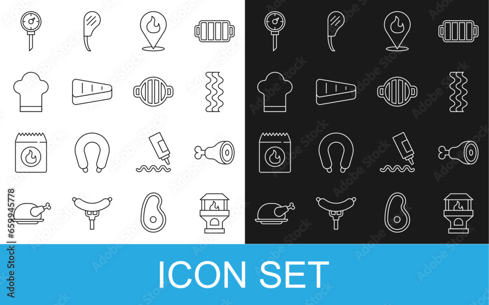 Set line Brick stove, Chicken leg, Bacon stripe, Location with fire flame, Steak meat, Chef hat, Kitchen thermometer and Barbecue grill icon. Vector