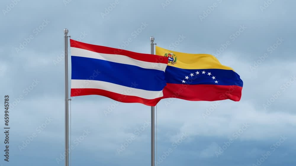 Venezuela and Thailand flag waving together on cloudy sky, endless seamless loop Venezuela and Thailand flag waving together on cloudy sky, endless seamless loop
