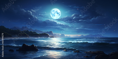 Full moon over the peaceful sea Night sky with full moon over water  This large full blue moon rises brightly over the cloud bank in this calm ocean
