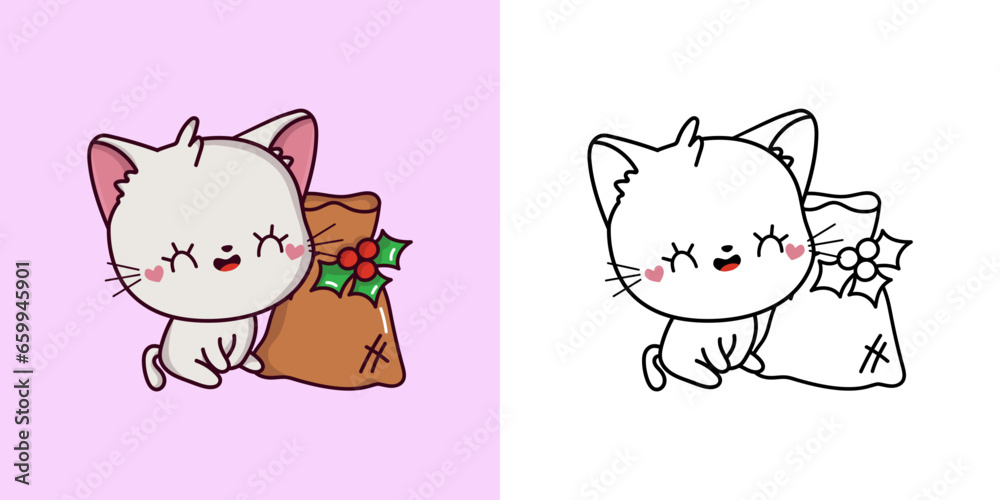 New Year Kawaii White Cat for Coloring Page and Illustration. Adorable Clip Art Christmas Kitten.
