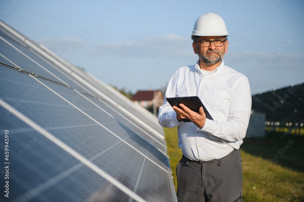 Senior engineer working on solar panel farm. The concept of green energy