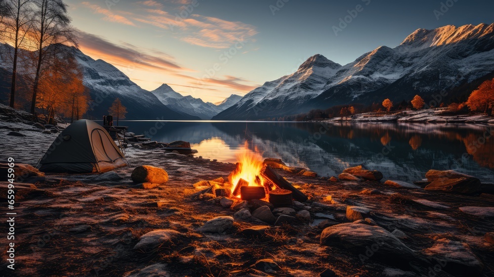 Camping area by a lake at sunset - obrazy, fototapety, plakaty 