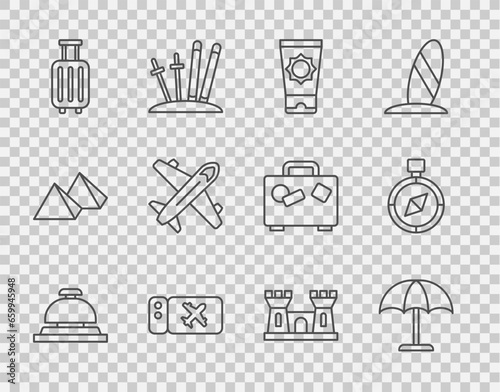 Set line Hotel service bell, Sun protective umbrella, Sunscreen cream in tube, Airline ticket, Suitcase, Plane, Sand castle and Compass icon. Vector