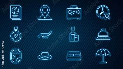 Set line Sun protective umbrella, Hotel service bell, Suitcase, Sunbed and, Compass, Passport, Whiskey bottle glass and Location icon. Vector