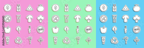 Set line Leaf or leaves, No GMO, Broccoli, Watermelon, Organic cosmetic, meat, and Mushroom icon. Vector